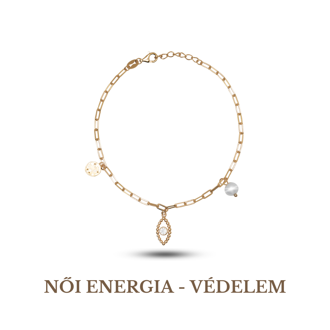 925 sterling silver, gold-plated bracelet featuring a series of circular charms with a pearl in the center of each charm, with the text 'NOI ENERGIA - VEDDEL'M on the bottom right.
