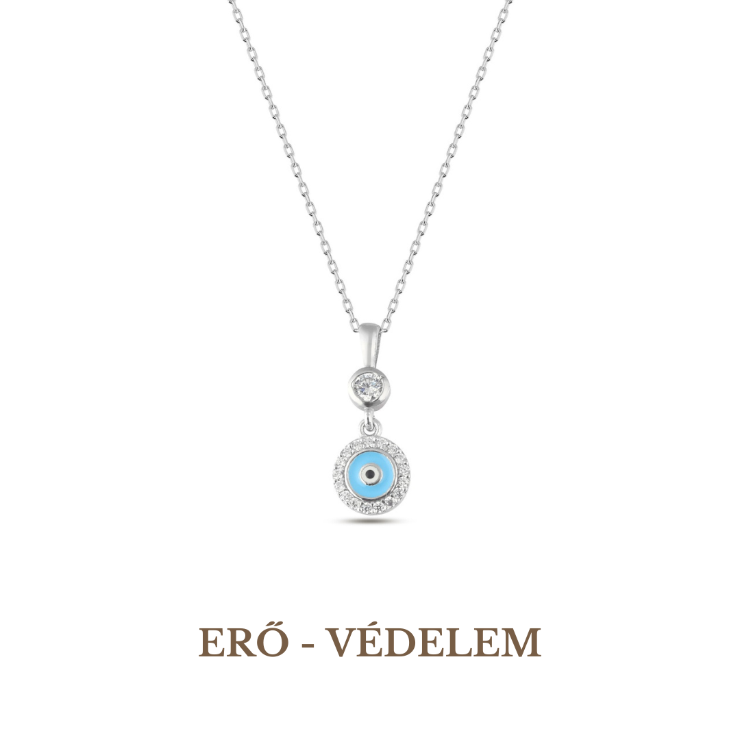 A silver necklace with a protective eye symbol (Evil Eye) in the center, rhodium-plated 925 sterling silver.