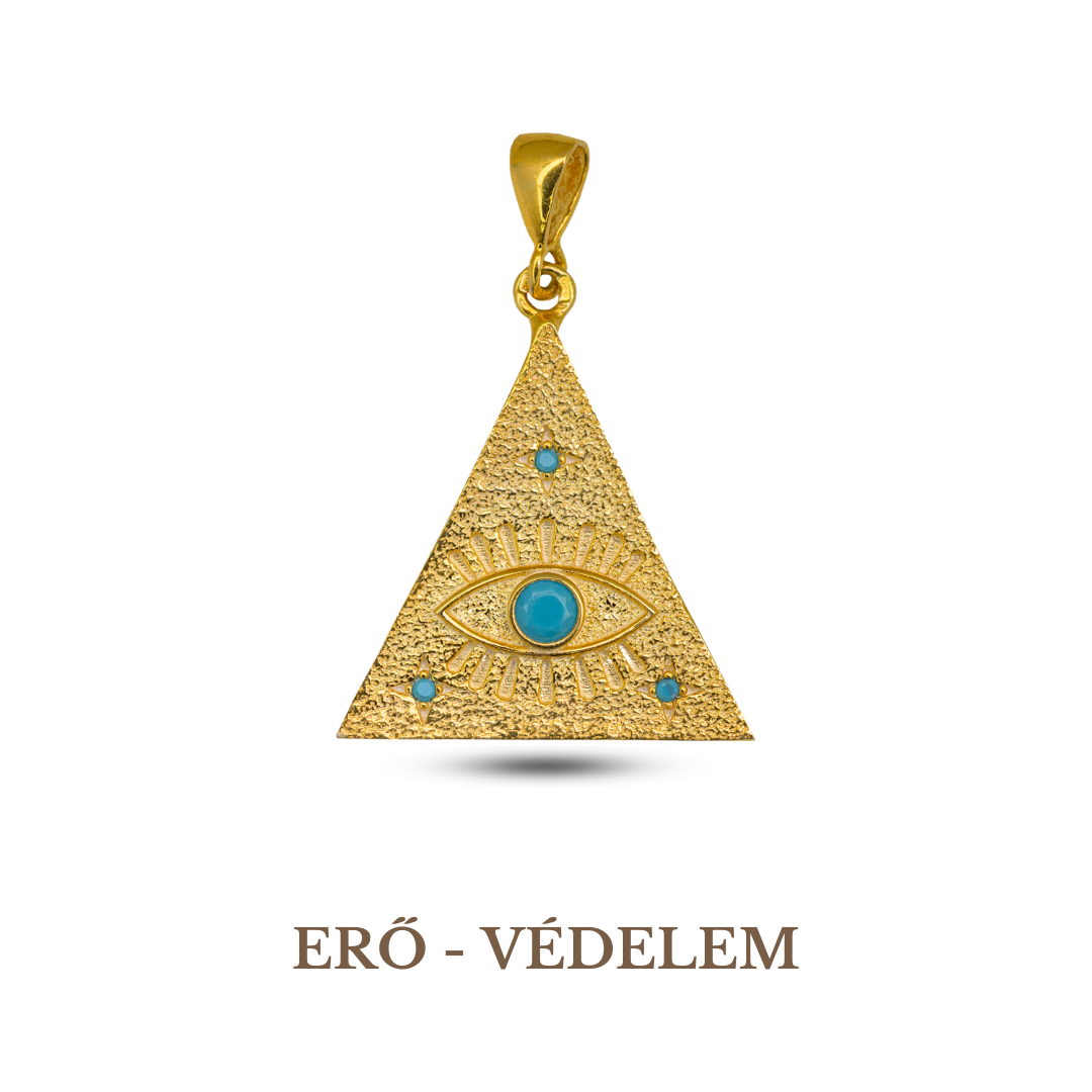 A 925 sterling silver, gold-plated turquoise pendant in the shape of a triangle with an evil eye symbol in the center, on a chain.