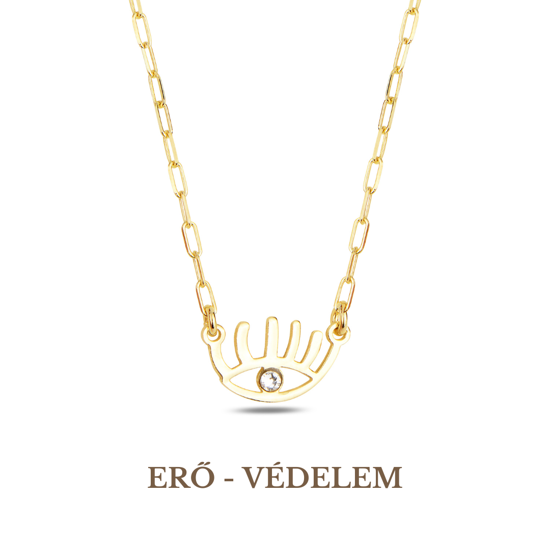 A gold-plated necklace with a chain and a Swarovski crystal pendant in the shape of an evil eye.