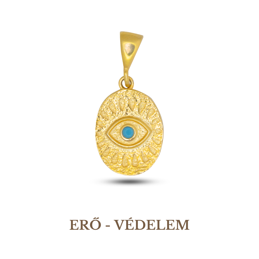 A gold-plated, 925 sterling silver pendant featuring a turquoise evil eye symbol with a chain loop on top.