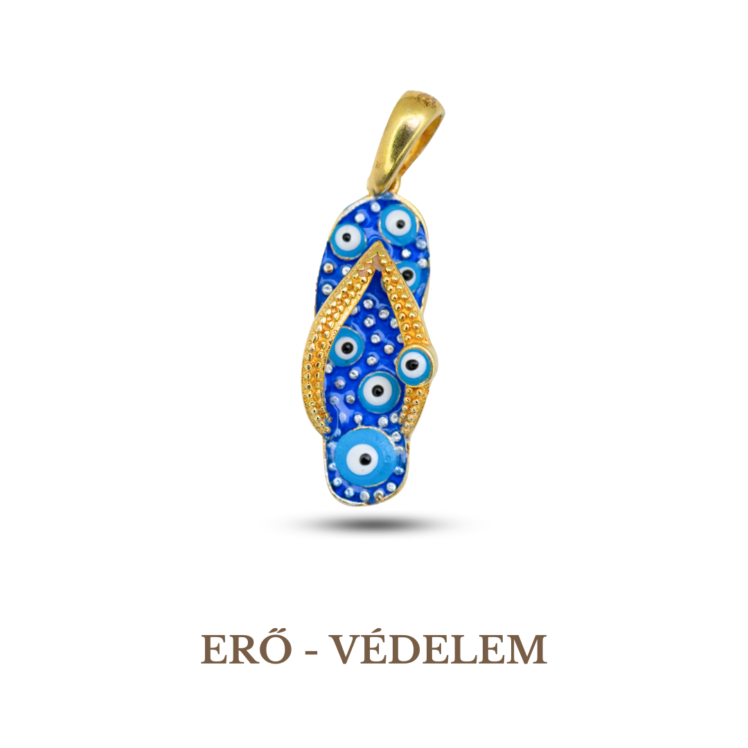 A blue and gold-colored pendant with a geometric pattern, resembling an evil eye, on a chain. 925 sterling silver, 14K gold plated.