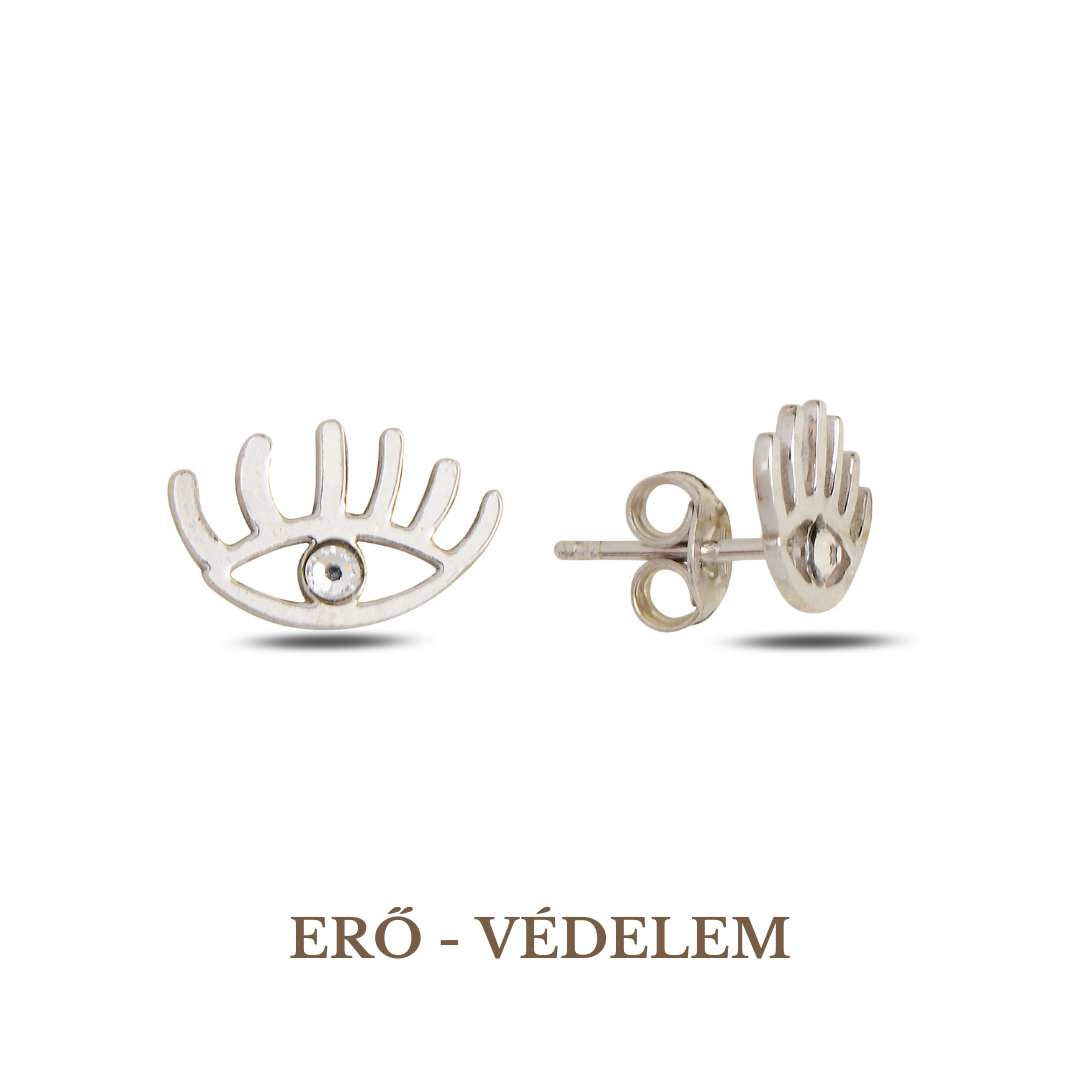 A pair of 925 sterling silver earrings featuring an evil eye symbol with a small Swarovski crystal in the center, on a white background.