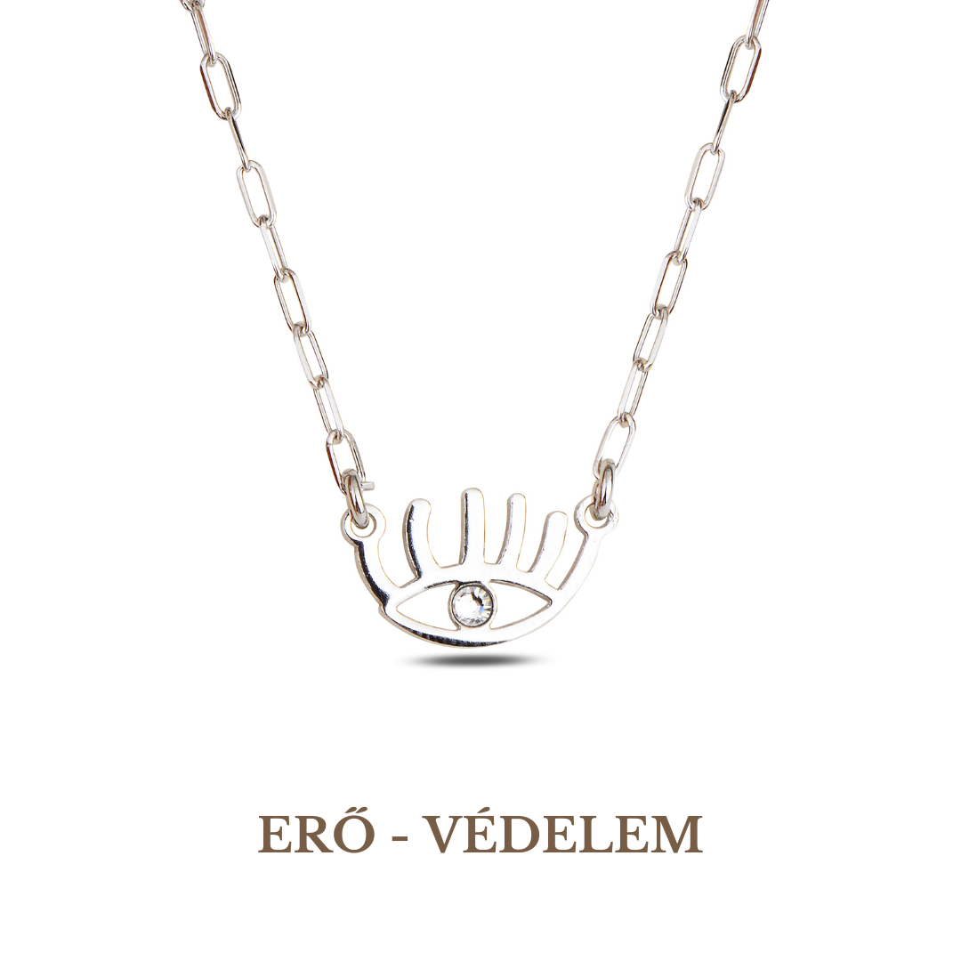 A silver necklace featuring a chain and a rhodium-plated evil eye symbol with a Swarovski crystal in the center.