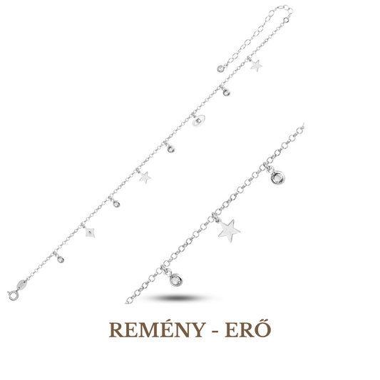 A 925 silver anklet featuring star and evil eye symbols, with small dangling crystals.
