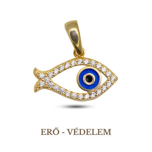 A gold-colored fish-shaped pendant with a blue and clear zirconia stone in the center, with a gold chain for attachment. 925 sterling silver, 14K gold-plated.