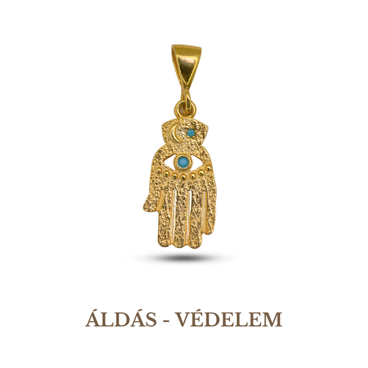 A 925 sterling silver, gold-plated Hamsa, Evil Eye pendant with a turquoise stone in the center, featuring intricate details and a chain for wearing.