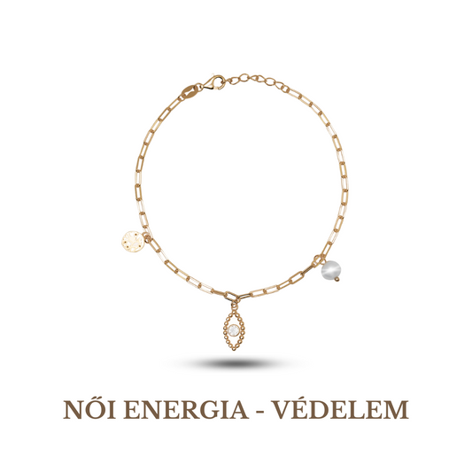 925 sterling silver, gold-plated bracelet featuring a series of circular charms with a pearl in the center of each charm, with the text 'NOI ENERGIA - VEDDEL'M on the bottom right.