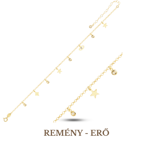 A gold-plated anklet with star and evil eye symbols, featuring small dangling stars and a central evil eye detail.