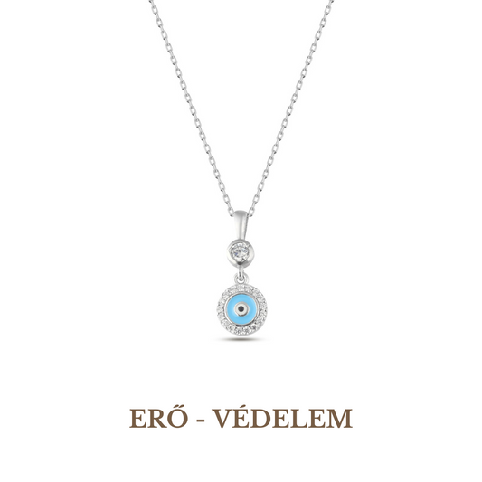 A silver necklace with a protective eye symbol (Evil Eye) in the center, rhodium-plated 925 sterling silver.