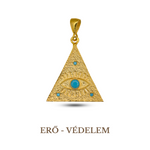 A 925 sterling silver, gold-plated turquoise pendant in the shape of a triangle with an evil eye symbol in the center, on a chain.