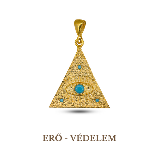 A 925 sterling silver, gold-plated turquoise pendant in the shape of a triangle with an evil eye symbol in the center, on a chain.