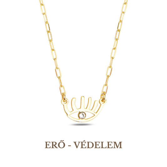 A gold-plated necklace with a chain and a Swarovski crystal pendant in the shape of an evil eye.