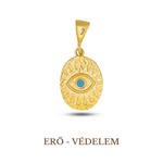 A gold-plated, 925 sterling silver pendant featuring a turquoise evil eye symbol with a chain loop on top.