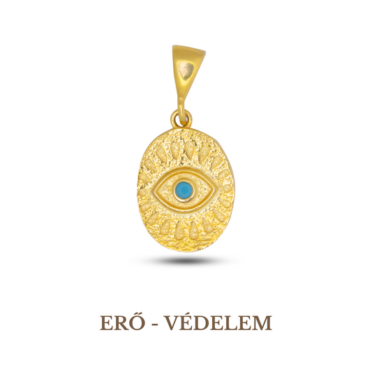 A gold-plated, 925 sterling silver pendant featuring a turquoise evil eye symbol with a chain loop on top.