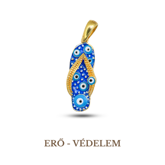 A blue and gold-colored pendant with a geometric pattern, resembling an evil eye, on a chain. 925 sterling silver, 14K gold plated.