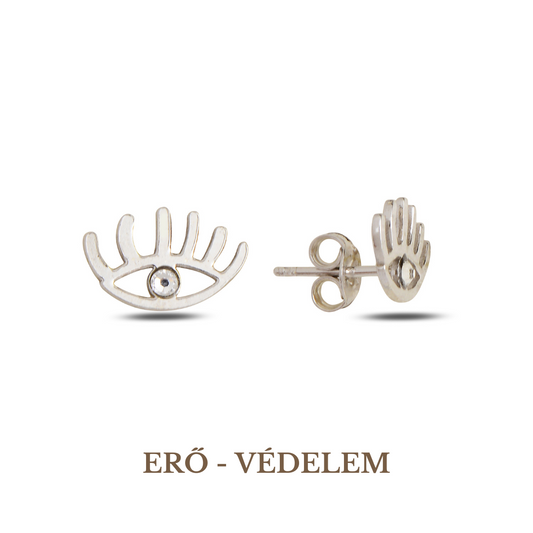A pair of silver earrings featuring an evil eye symbol with a small Swarovski crystal in the center, on a white background.