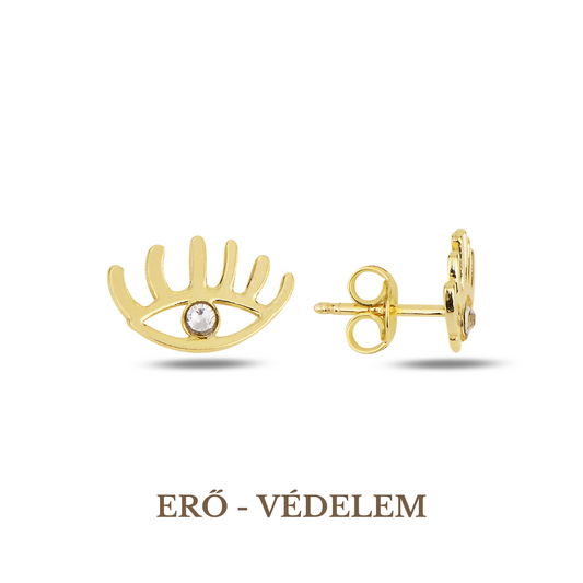 A pair of gold-plated evil eye symbol earrings with a small Swarovski crystal embellishment in the center of each earring.