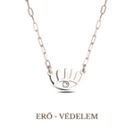 A silver necklace featuring a chain and a rhodium-plated evil eye symbol with a Swarovski crystal in the center.