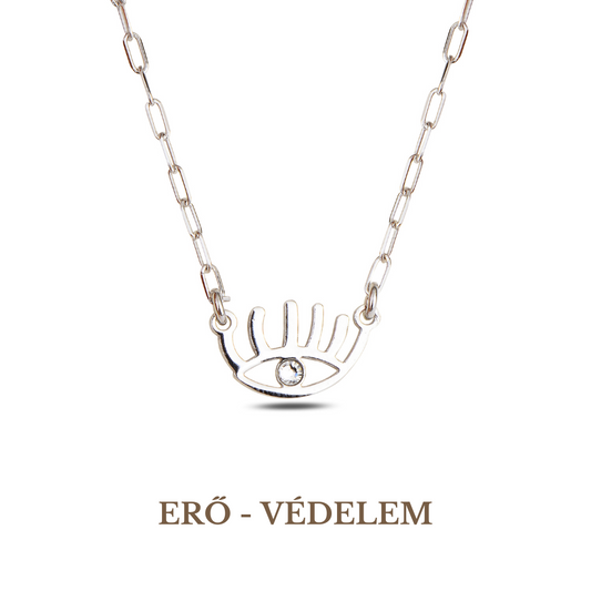 A silver necklace featuring a chain and a rhodium-plated evil eye symbol with a Swarovski crystal in the center.