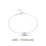 A silver bracelet with an evil eye symbol, displayed against a white background with the text 'ERO - VEDDEM'.