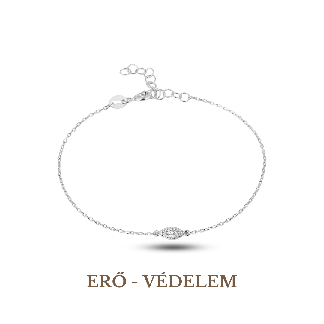 A silver bracelet with an evil eye symbol, displayed against a white background with the text 'ERO - VEDDEM'.