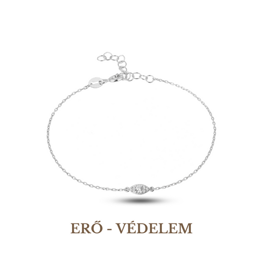 A silver bracelet with an evil eye symbol, displayed against a white background with the text 'ERO - VEDDEM'.
