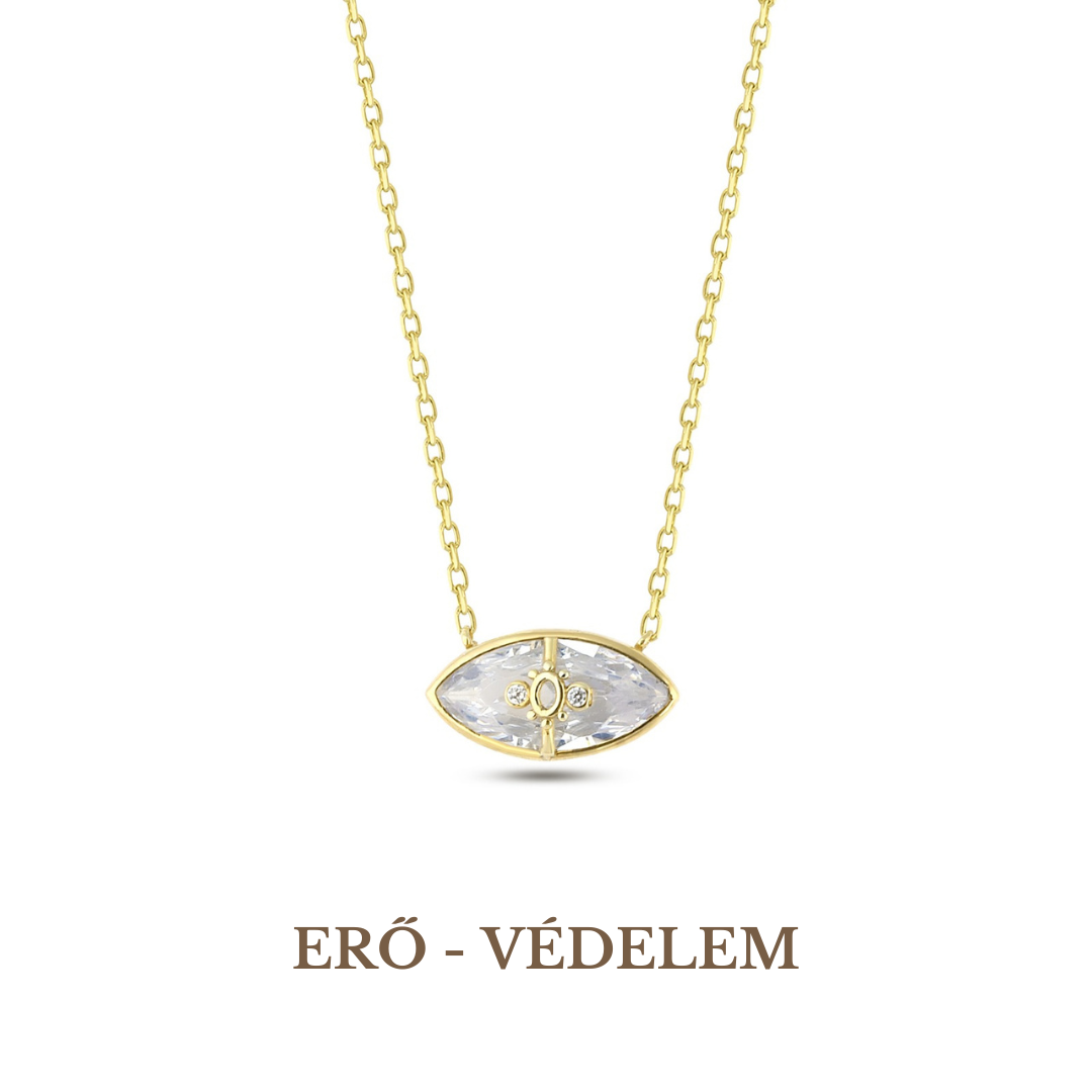 A gold-plated necklace with a round pendant featuring an evil eye symbol, displayed against a white background with the brand name 'ERO - VEDDEM' visible.