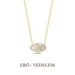 A gold-plated necklace with a round pendant featuring an evil eye symbol, displayed against a white background with the brand name 'ERO - VEDDEM' visible.