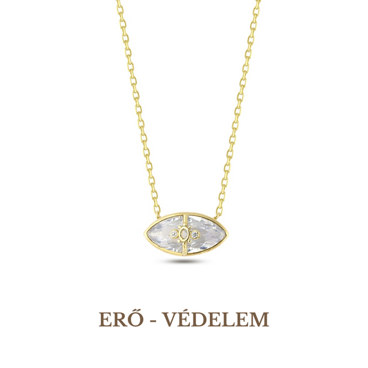 A gold-plated necklace with a round pendant featuring an evil eye symbol, displayed against a white background with the brand name 'ERO - VEDDEM' visible.