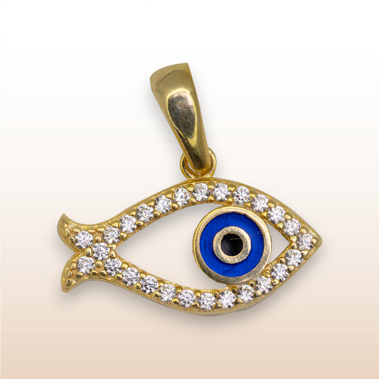 Evil eye fish pendant, 925 sterling silver, gold plated, spiritual, jewelry, Mystique Karma